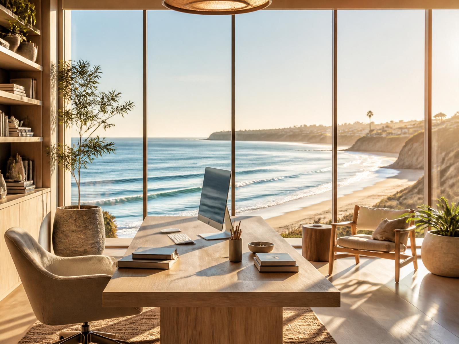 Sunlit coastal California workspace overlooking the Pacific